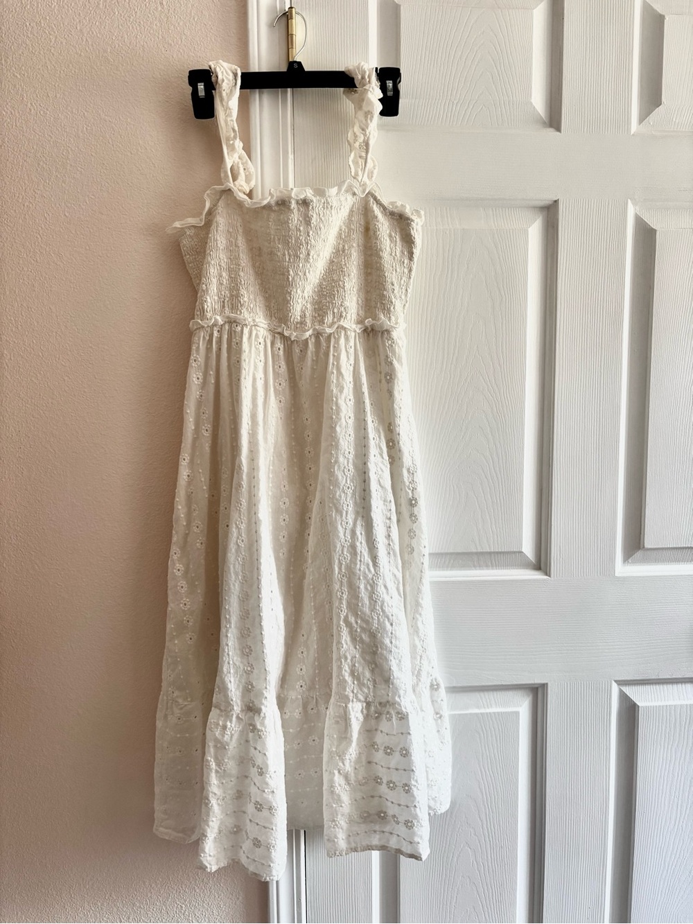 Cream Smocked Eyelet Midi Dress with Ruffle Straps